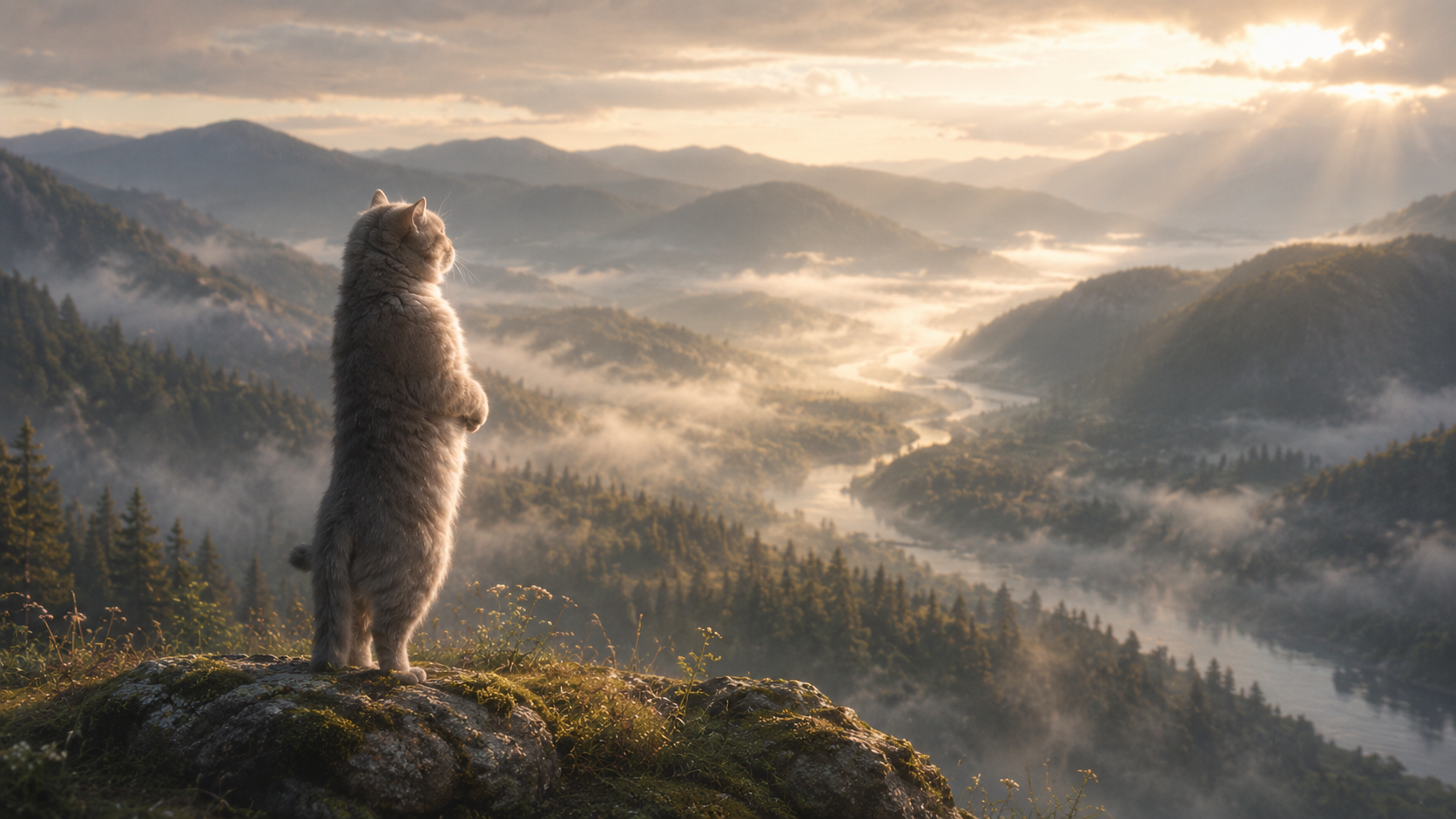A fluffy cat standing on a mossy clifftop rock overlooking a misty river valley at sunrise