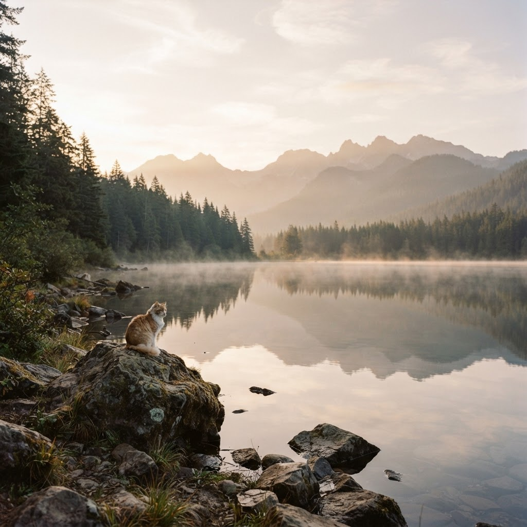 Still mountain lake at sunrise with mist rising off the water and a small cat on the near shore