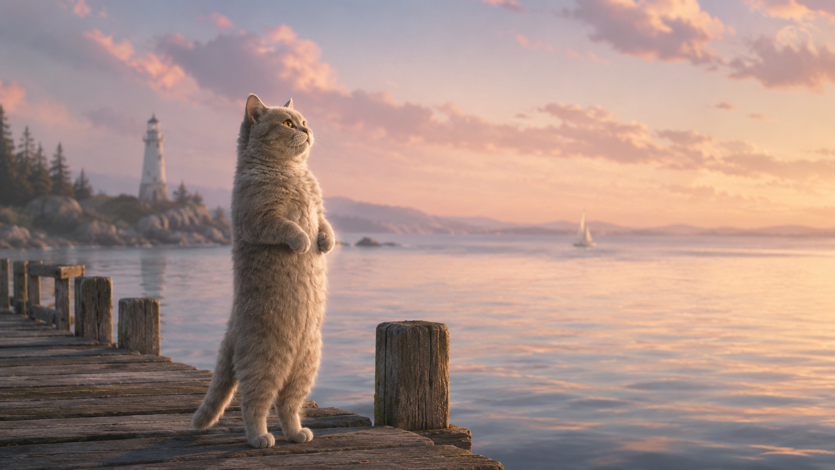 A cat standing on a weathered wooden pier at pastel sunset with a lighthouse and sailboat in the distance
